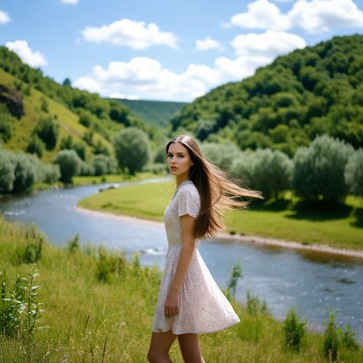 Woman in white dress by river valley