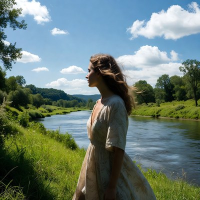 Woman in white dress by river