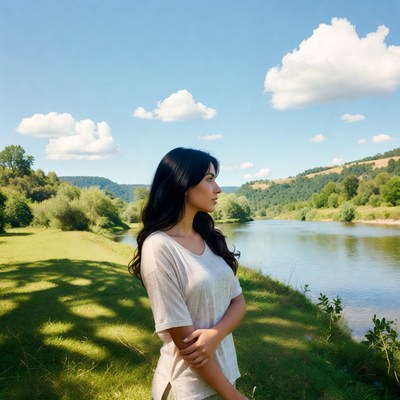 Woman standing by river in landscape