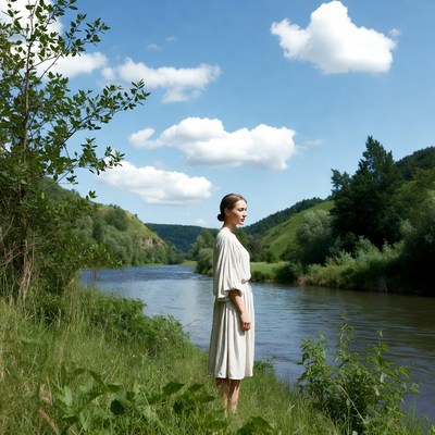 Woman standing by river in white dress