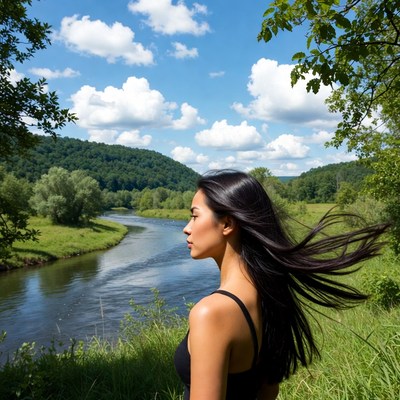 Asian woman with flowing hair by river