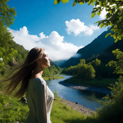 Woman gazing at mountain river valley