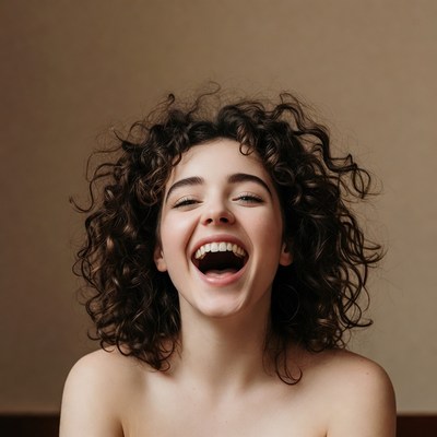 Curly-haired woman laughing joyfully