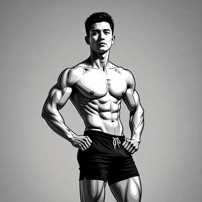 Muscular Asian man in shorts