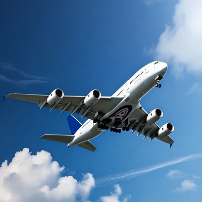 Airbus A380 flying in blue sky