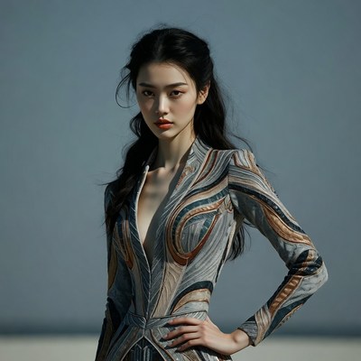 Asian woman in elegant patterned dress
