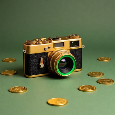 Gold Camera with Coins on Green Background