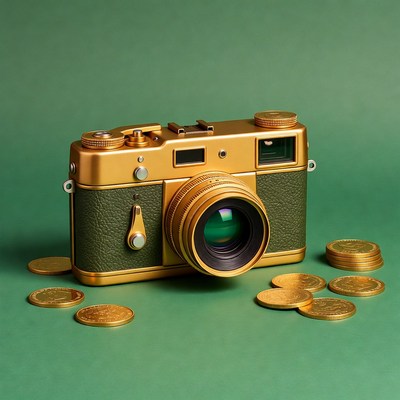 Gold Camera with Coins on Green Background