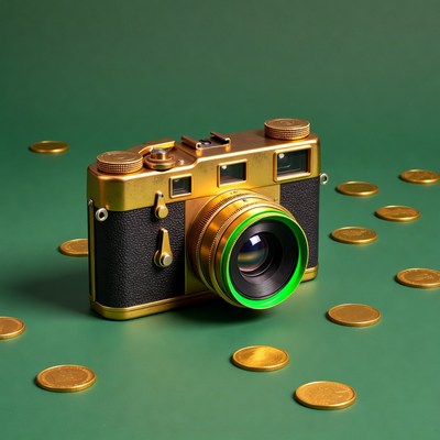 Gold Camera with Coins on Green Background