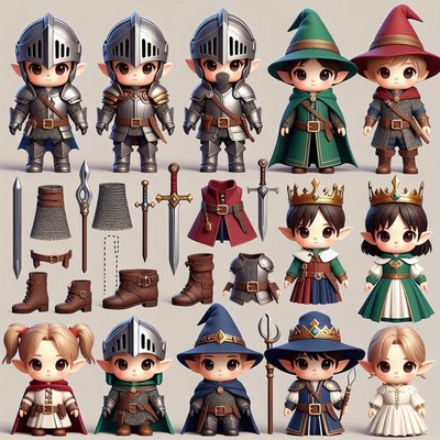 Chibi Fantasy Knights Wizards Girls Illustration
