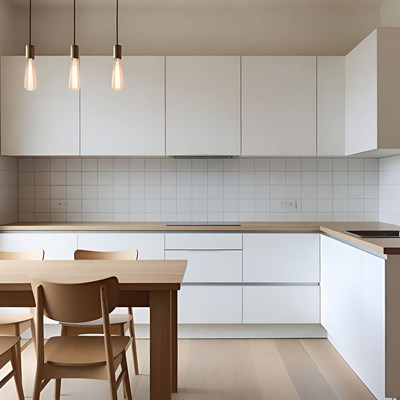 Modern White Kitchen with Wooden Dining Table