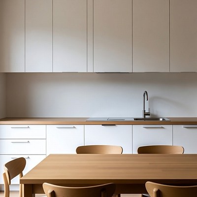Modern white kitchen with wooden table