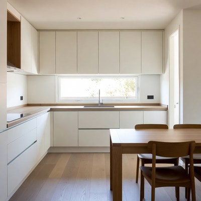 Modern White Kitchen with Wood Table