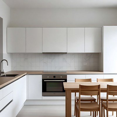 Modern White Kitchen with Wooden Table