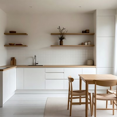 Modern White Kitchen with Wooden Shelves