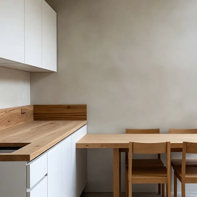 Modern Kitchen with Wooden Counter and Chairs
