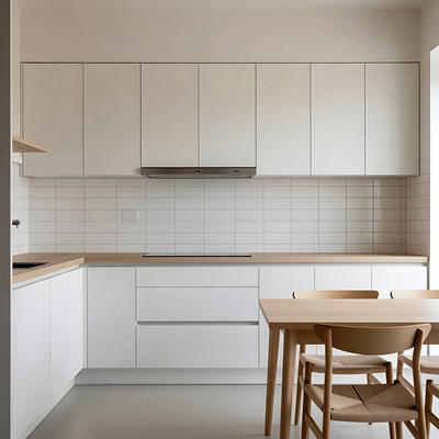 Modern White Kitchen with Wooden Table