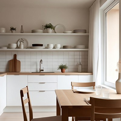 Modern white kitchen with wooden table