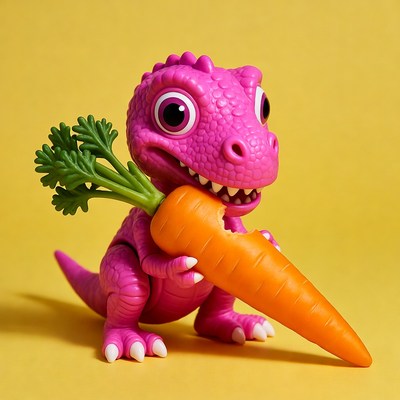 Pink dinosaur eating carrot