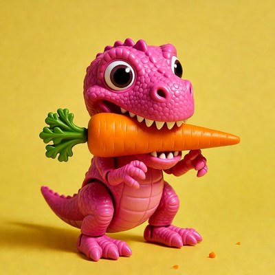 Pink dinosaur eating carrot