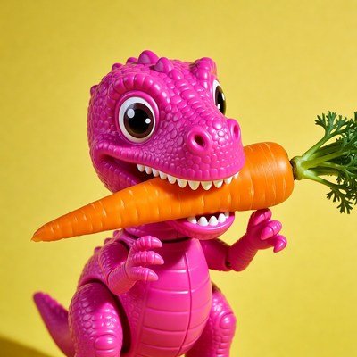Pink T-Rex Toy Eating Carrot