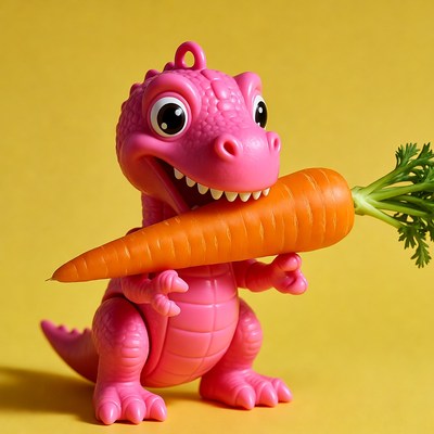 Pink dinosaur eating carrot
