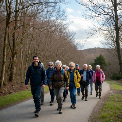 Group of seniors hiking forest path