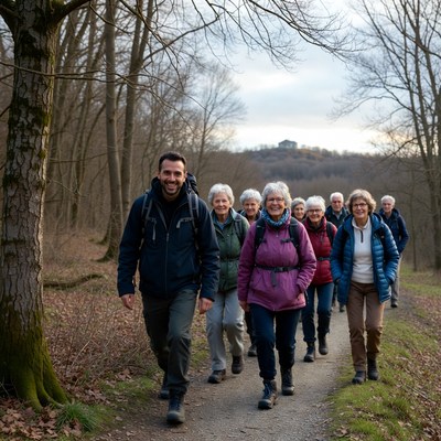 Group hiking autumn forest trail