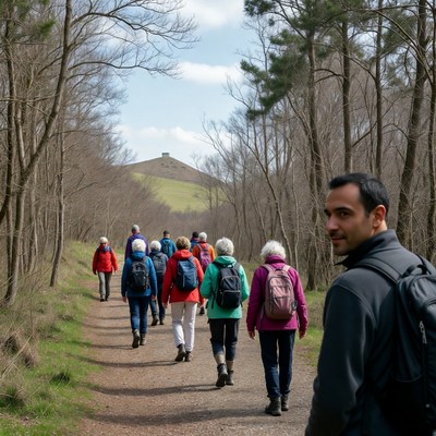 Group hiking trail with Glastonbury Tor