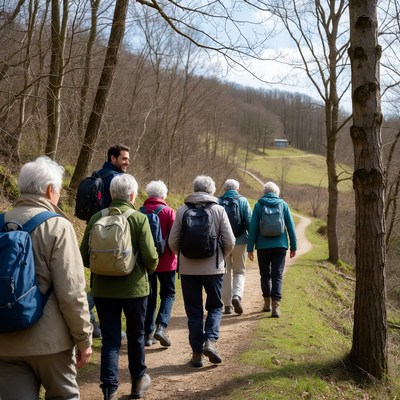 Group of seniors hiking forest trail