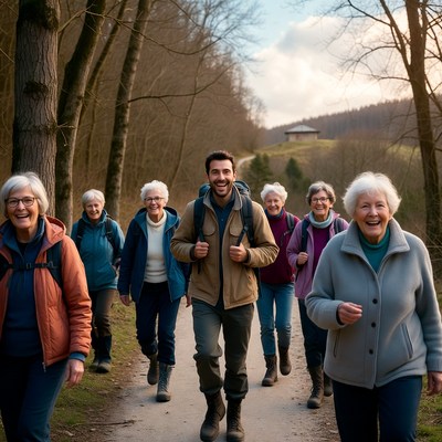 Group of seniors hiking forest path