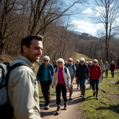 Group hiking wooded trail