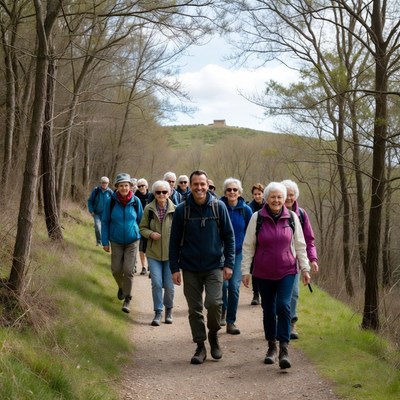 Group of seniors hiking forest trail