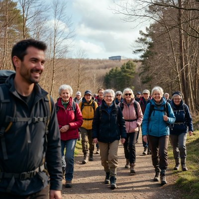 Group hiking forest trail
