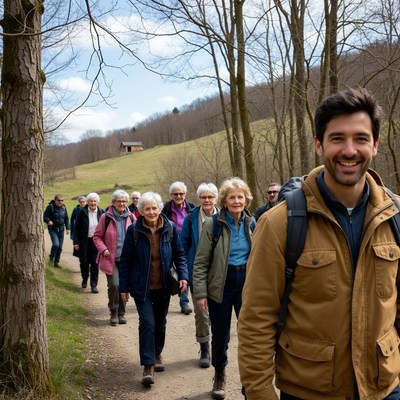 Group hiking trail through forest