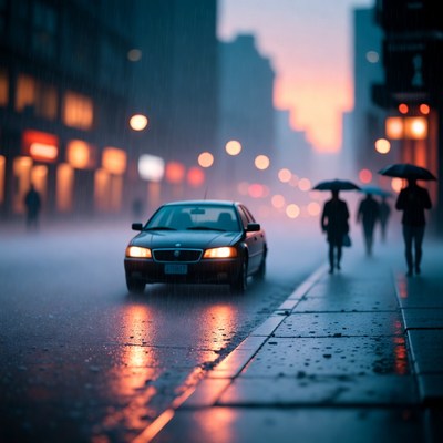Rainy City Street with Umbrellas and Car