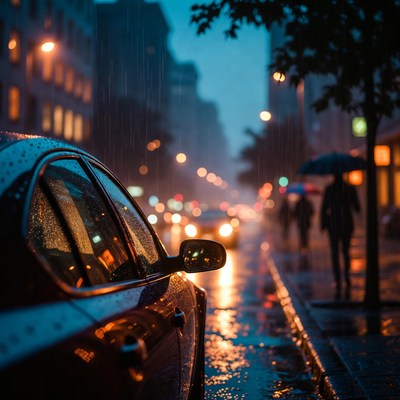 Rainy Night City Street with Car