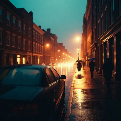 Rainy Night Street with Umbrellas