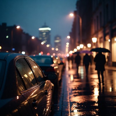 Rainy Night Street with Umbrellas and Cars