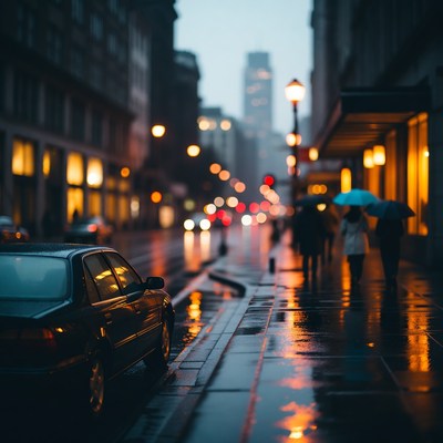 Rainy Urban Street with Umbrellas