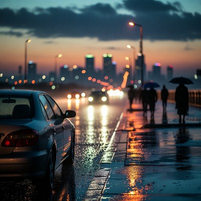 Rainy Night City Bridge with Car and Pedestrians