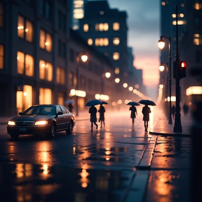 Women with Umbrellas in Rainy City Street
