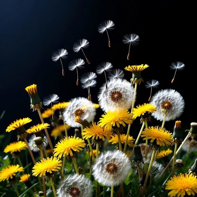 Dandelion seeds floating over flowers