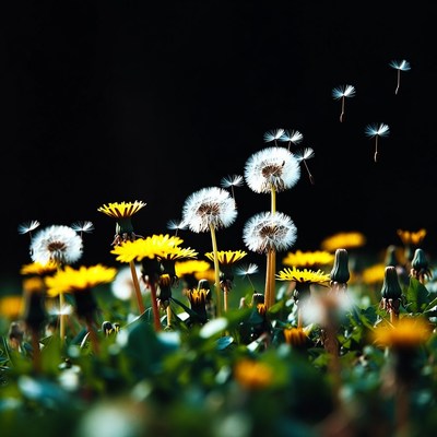 Dandelion Seeds Floating on Dark Background