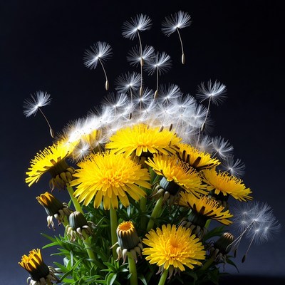 Dandelion Flowers with Flying Seeds