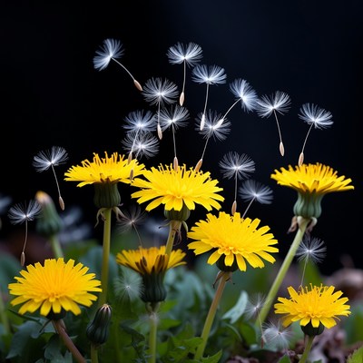Yellow Dandelions with Flying Seeds