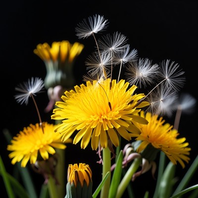 Yellow Dandelions with Seeds on Black