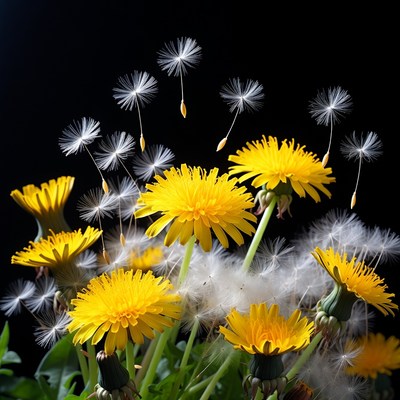 Dandelion Flowers with Seeds on Black