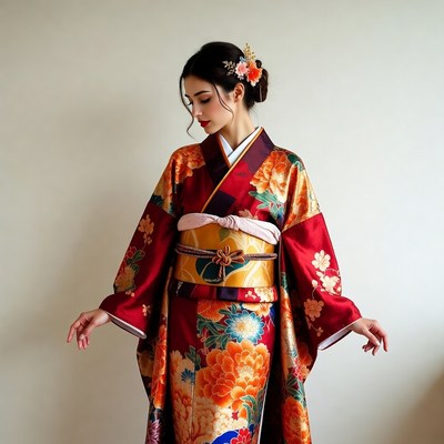 Woman in red kimono with flowers