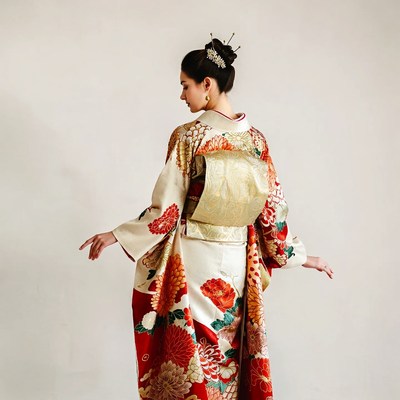 Woman in ornate kimono from behind